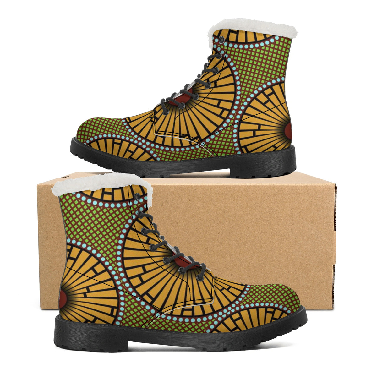 Dark Khaki Men's Faux Fur Leather Boots in Beautiful African Ankara Prints with vibrant colors Sumbu African Ankara Prints and Designs