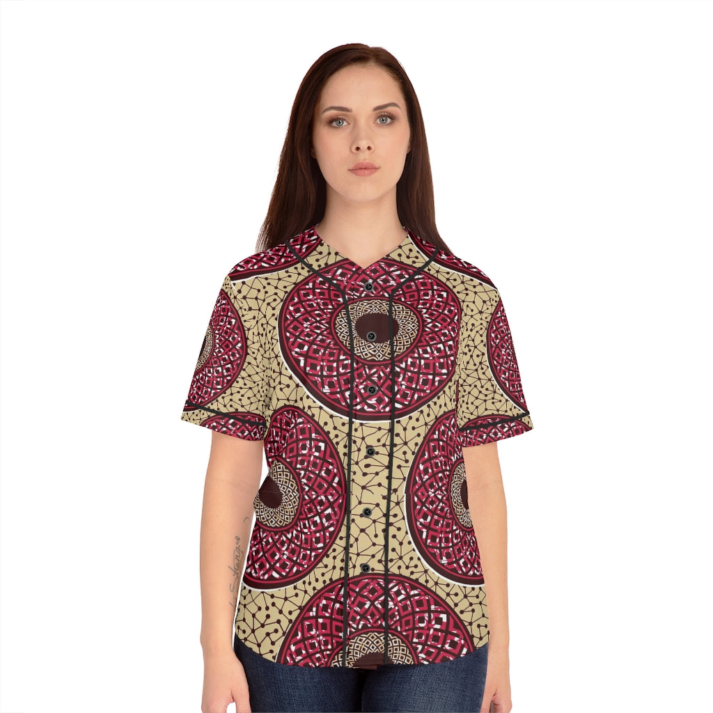 Rosy Brown Women's Baseball Jersey with African Ankara prints in vibrant colors All Over Prints Sumbu_African_Prints_and_Designs