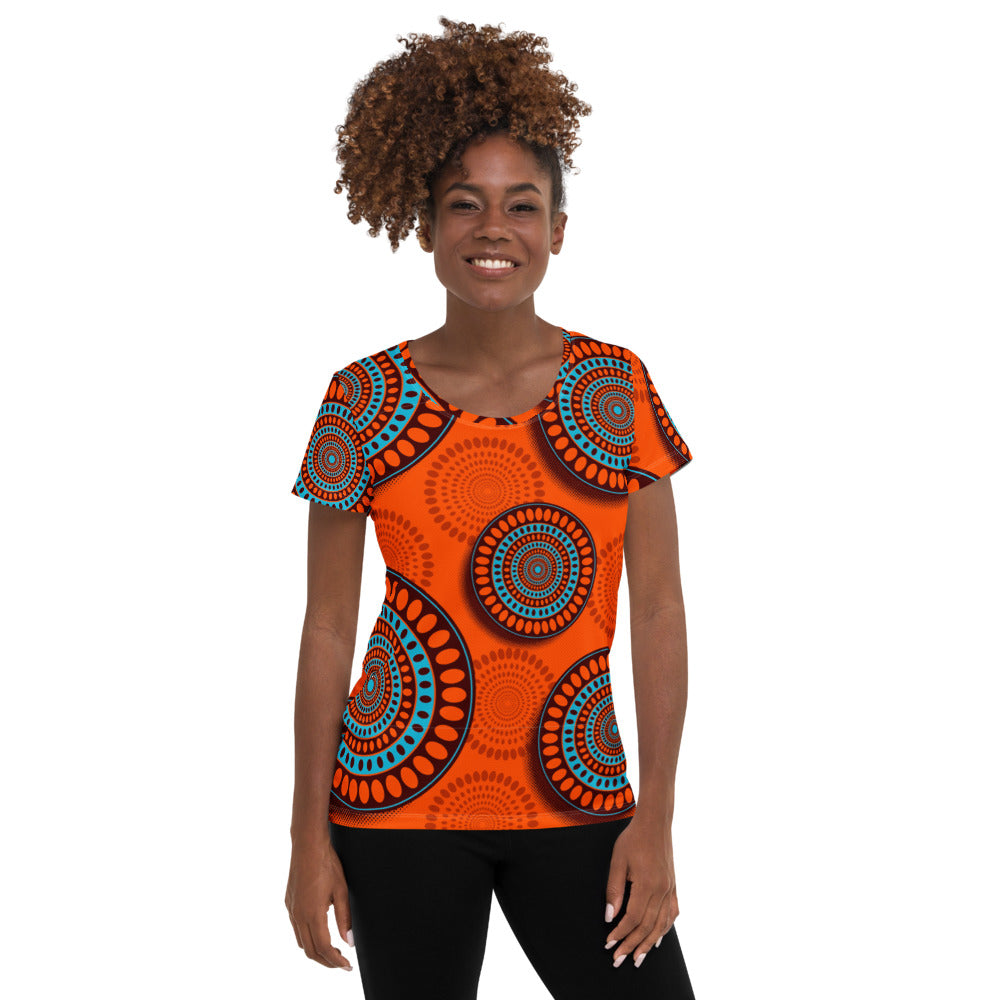 All-Over Print Women's Athletic T-shirt with African fabric prints and patterns Sumbu_African_Prints_and_Designs