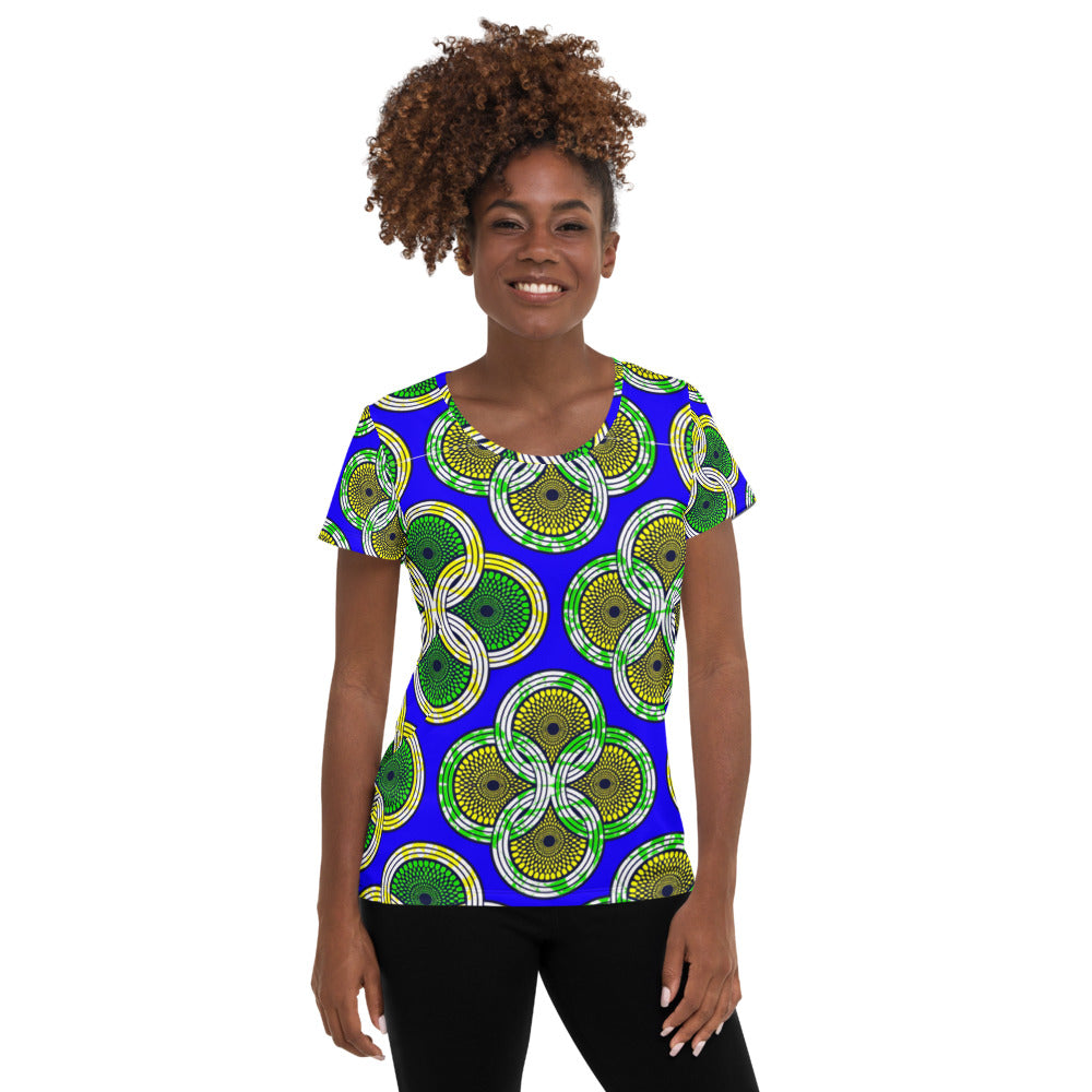 Dark Slate Gray Women's Athletic T-shirt with African Ankara prints in vibrant colors Sumbu_African_Prints_and_Designs