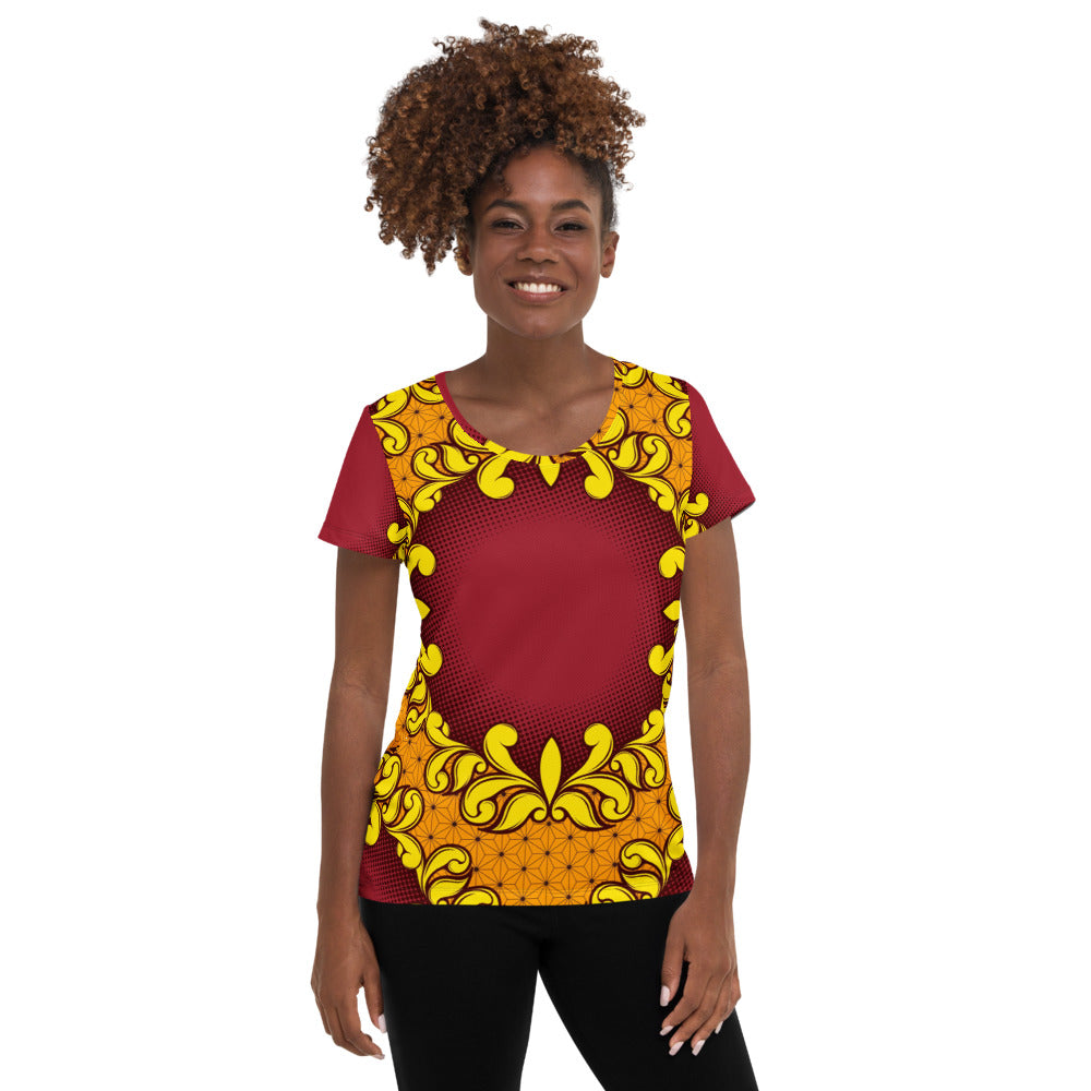 Saddle Brown Women's Athletic T-shirt with African Ankara prints in vibrant colors and patterns Sumbu_African_Prints_and_Designs