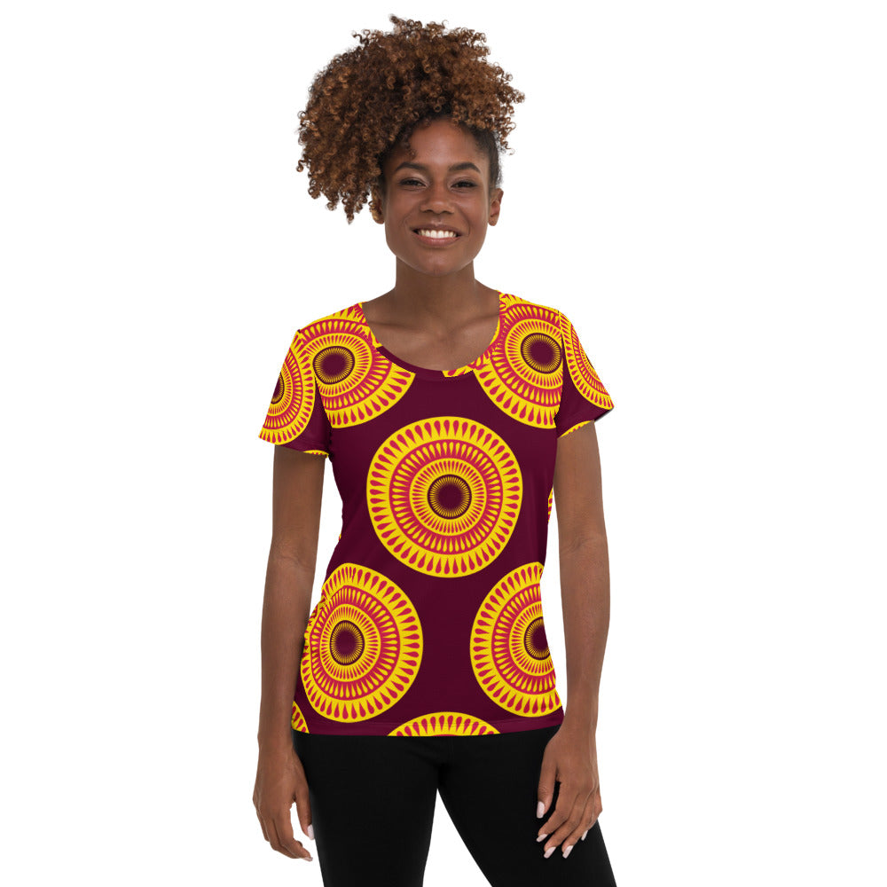 Dark Slate Gray Women's Athletic T-shirt with African Ankara prints in vibrant colors and patterns Sumbu_African_Prints_and_Designs