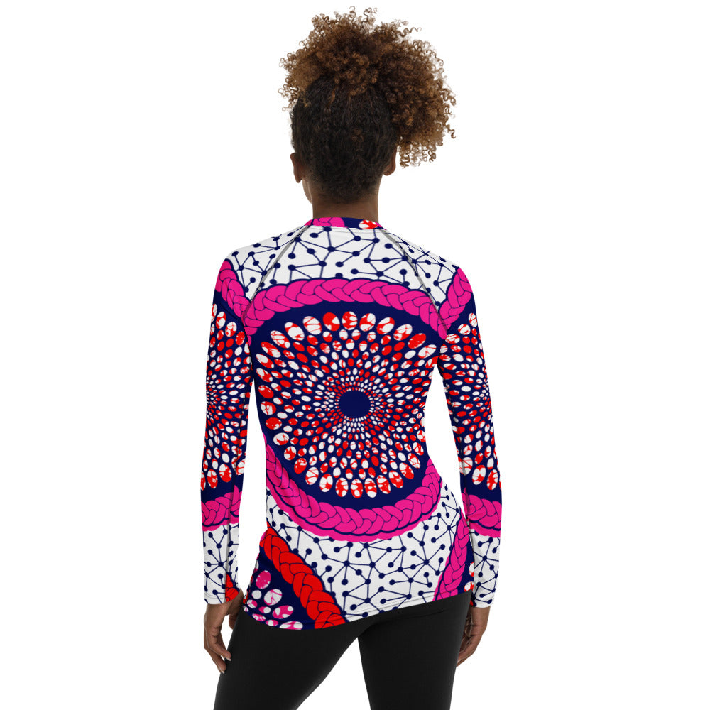 Pale Violet Red Women's Rash Guard with African Ankara prints in vibrant colors Sumbu_African_Prints_and_Designs