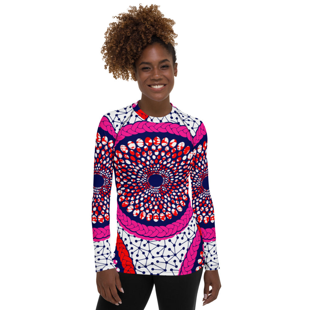 Pale Violet Red Women's Rash Guard with African Ankara prints in vibrant colors Sumbu_African_Prints_and_Designs