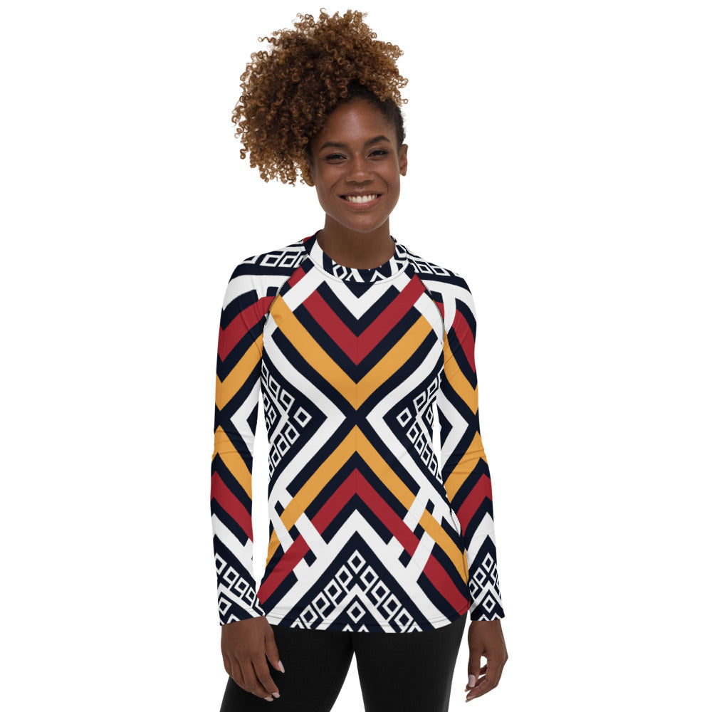 Wheat Women's Rash Guard with African Ankara prints in vibrant colors Sumbu_African_Prints_and_Designs