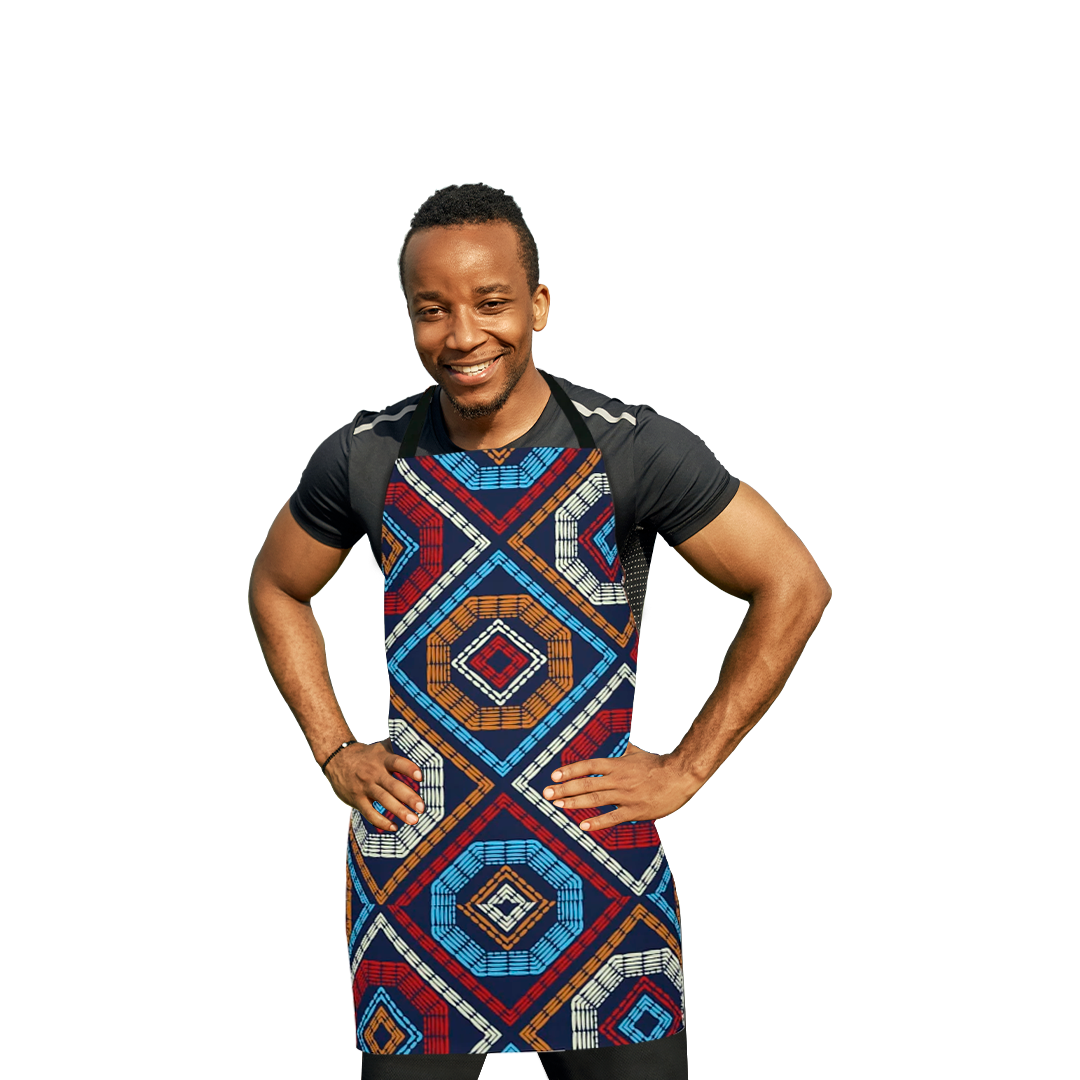 Dark Salmon Apron with African Ankara prints in vibrant colors Sumbu_African_Prints_and_Designs