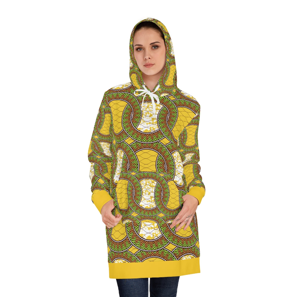Dark Khaki Women's Dress Hoodie with African Ankara prints in vibrant colors All Over Prints Sumbu_African_Prints_and_Designs