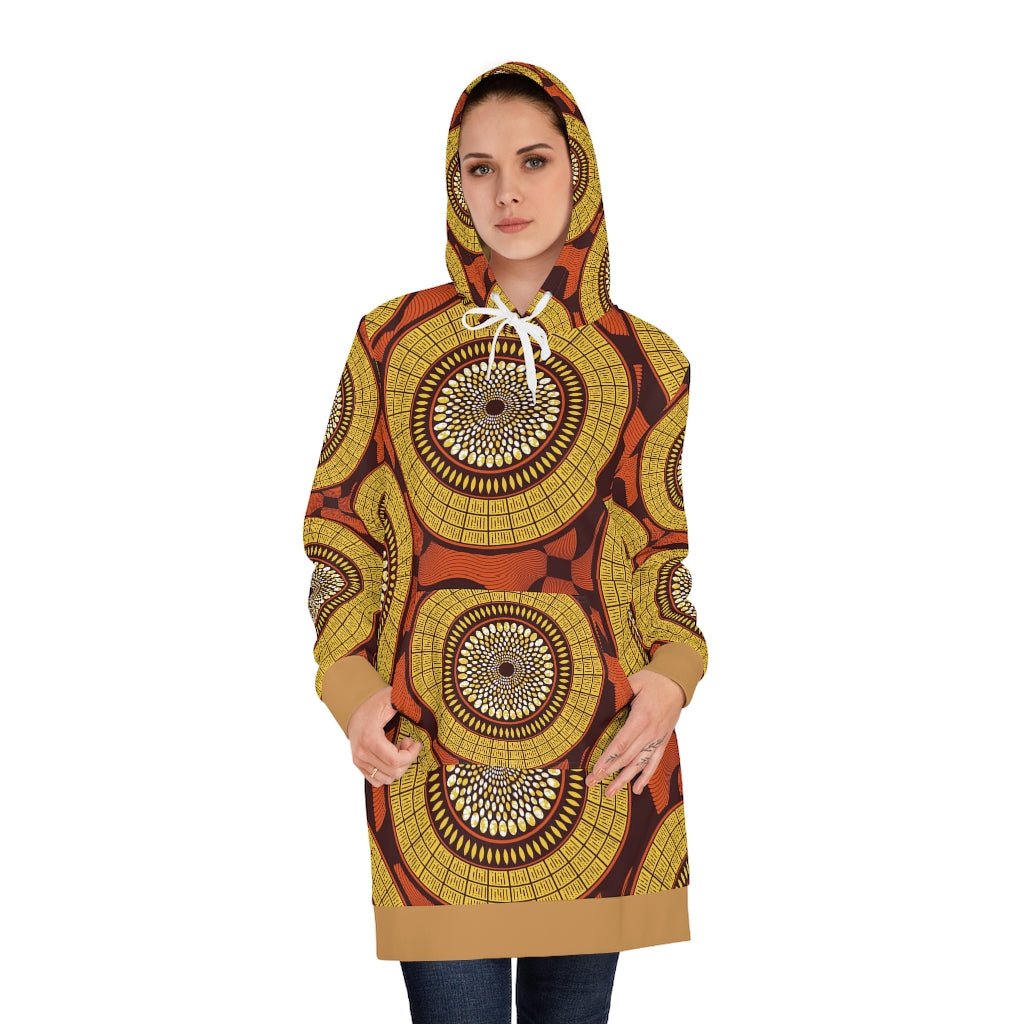 Dark Khaki Women's Dress Hoodie with African Ankara prints in vibrant colors All Over Prints Sumbu_African_Prints_and_Designs