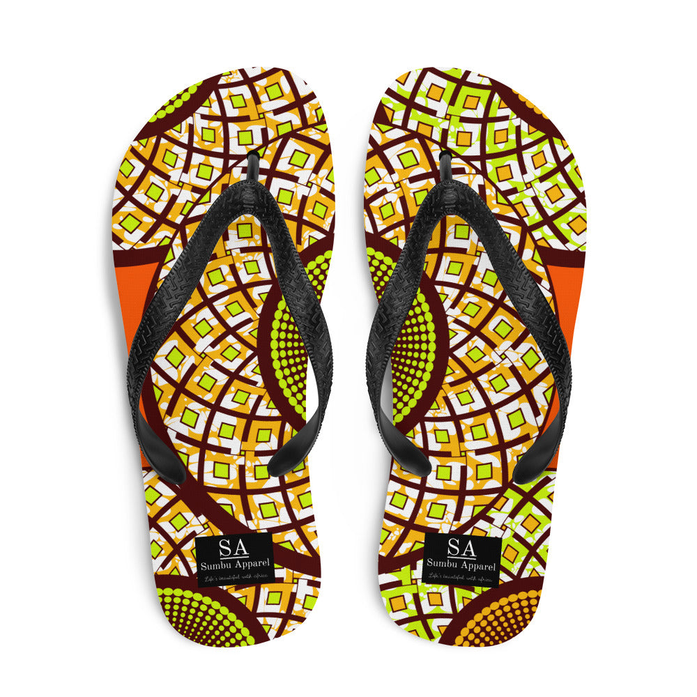 Goldenrod Flip-Flops with African Ankara prints in vibrant colors Sumbu_African_Prints_and_Designs